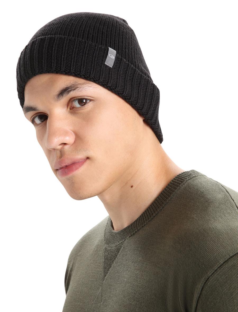 Black Men's Icebreaker Unisex Merino Vela Cuff Beanie Hats | USA 1090KORI